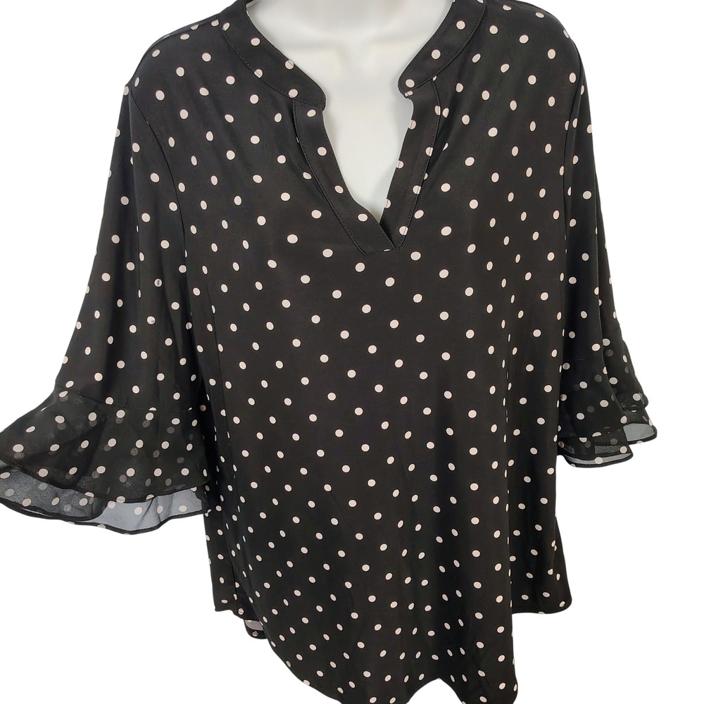 Kasper Womens M Polka Dot Bell‎ Sleeve Blouse Black White Professional Career